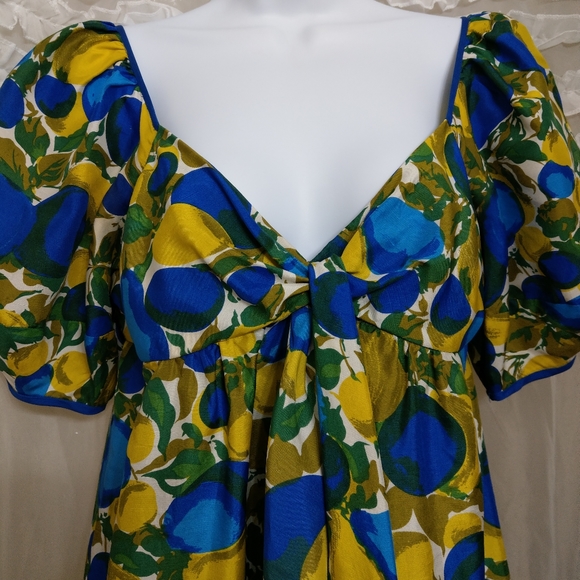 Rebecca Taylor Silk Blue & Lemon Print Summer Dress 2 - Picture 5 of 10